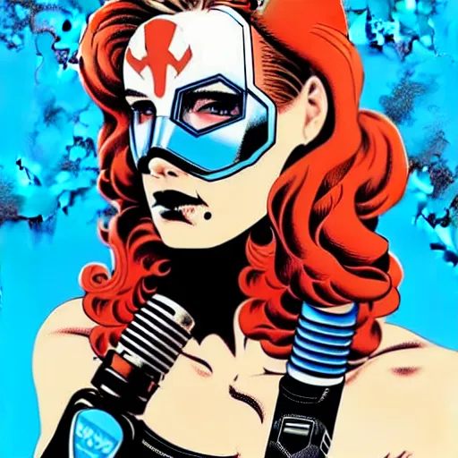 Prompt: a profile photo of a red head woman with a diving oxygen mask with side profile blood in ocean intricate details by MARVEL comics and Sandra Chevrier-C