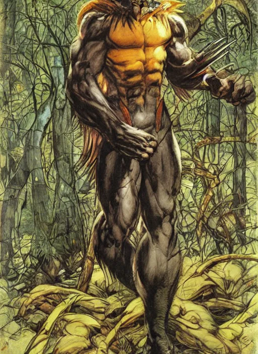 Prompt: sonic as wolverine in a forest by gerald brom by mikhail vrubel