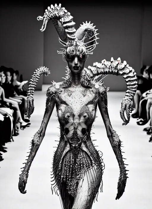 Image similar to walking down the catwalk, steven klein, show, stage, vogue photo, podium, fashion show photo, historical baroque dress, iris van herpen, beautiful woman, full body shot, masterpiece, alien, plant predator, guyver, jellyfish, white biomechanical details, highly detailed