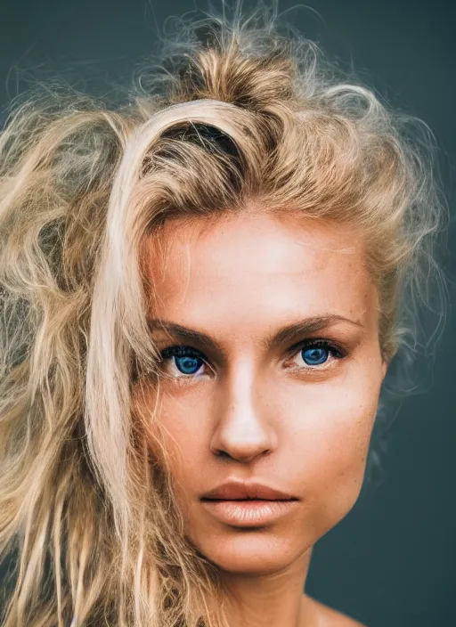 Image similar to photograph of an olive skinned blonde female model in her late twenties, her hair pinned up, wearing a designer top, looking content, focused on her neck, facing the camera, photo realistic, extreme detail skin, natural beauty, no filter, slr, golden hour, 4 k, high definition, selfie