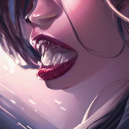 Prompt: wide open wife mouth, close - up, defiant, light effect, hyper detailed, intricate, elegant, highly detailed, digital painting, artstation, concept art, matte, sharp focus, illustration, by dan mumford, yusuke murata, makoto shinkai, ross tran