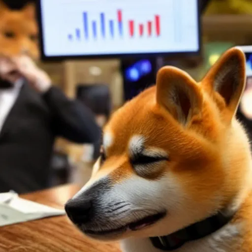 Prompt: A hat wearing shiba inu dog trading crypto like a professional on a desktop