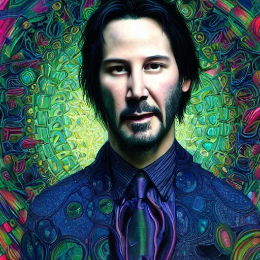 Image similar to portrait of keanu reeves, hyper detailed masterpiece, neon floral pattern, jean giraud, digital art painting, darkwave goth aesthetic, psychedelic, artgerm, donato giancola and tom bagshaw
