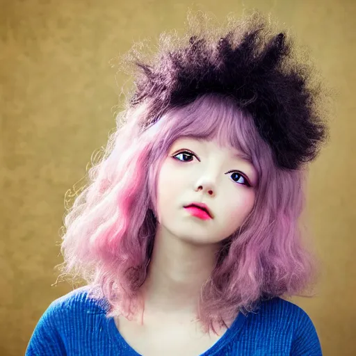 Image similar to happy anime girl, messy curly pastel hair, harajuku fashion, clear clean face, face by lya kushinov, Avetetsuya Studios