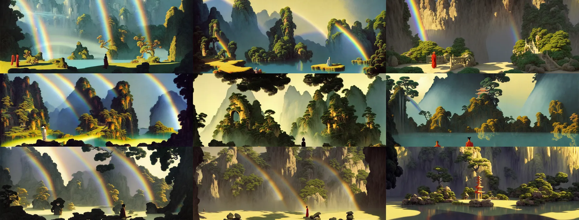 Image similar to a gorgeous landscape painting by barlowe wayne, maxfield parrish and marco mazzoni. chinese temple. sunny morning. a lonely chinese wuxia walks on the winding stone steps, stone gate to the dark cave, 3 d, octane render, turbulent lake, waterfall. fog, just one rainbow. 8 k.