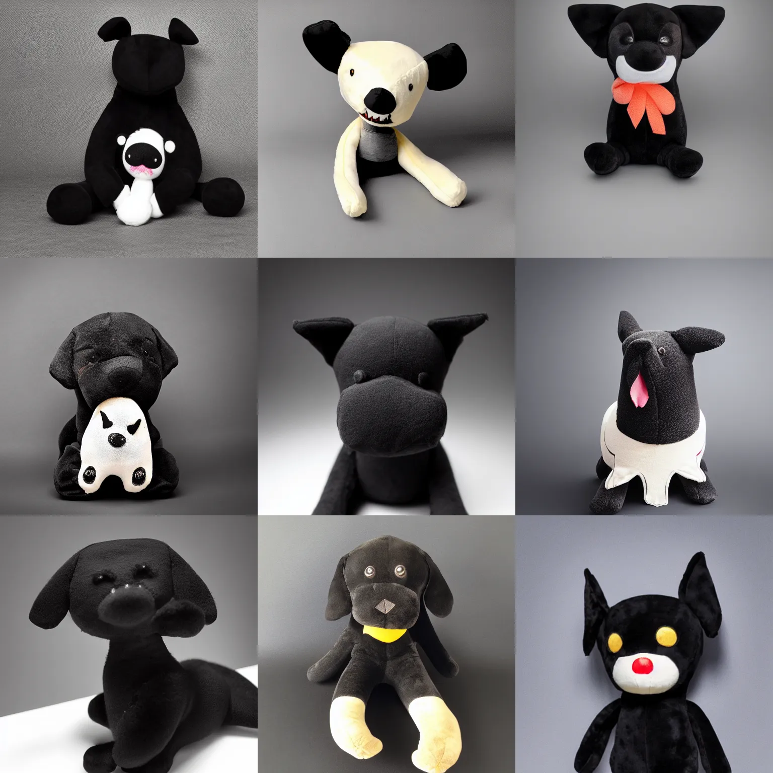 Prompt: A plushie of a scary black dog, studio lighting