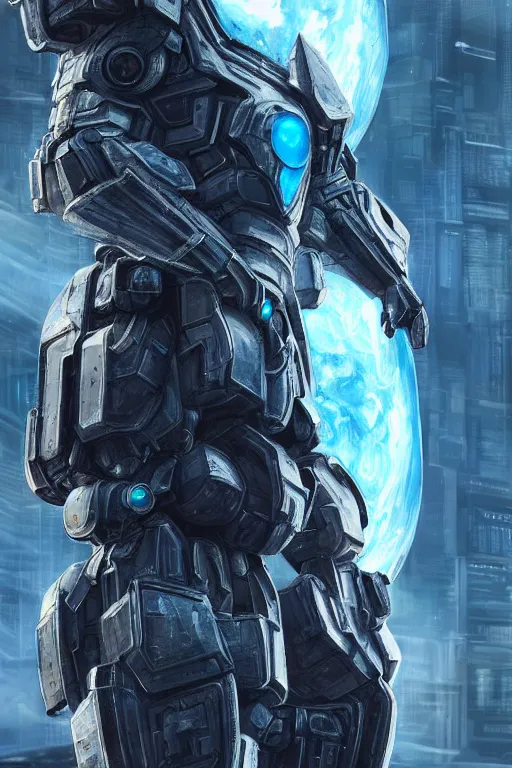 Image similar to ultra realist and ultra intricate detailed soft painting of a sci-fi armored male, from the waist up, symmetry features, glowing blue eyes, sensual gloomy style, volumetric clouds, cyberpunk window overlooking earth in background, artstation, unreal render, depth of field