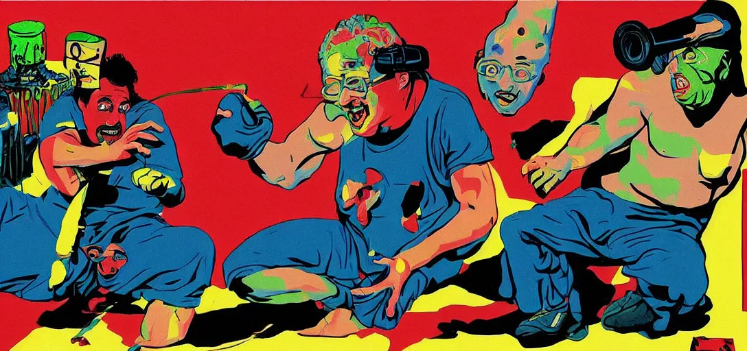 Image similar to Sam Hyde sparring with Joe Rogan but they are lost in a David Lynch movie, Mike Judge art style, 90's mtv illustration, surrealism, clean linework, vivid complementary colors