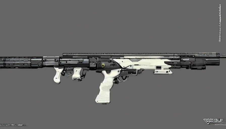 Prompt: extremely detailed realistic side view of a sci fi bullpup gauss rifle, detailed pistol trigger, chemically propelled, massive battery, smooth streamline, sidefed magazine, railgun, chemrail, gauss, elegant sleek smooth body, white paint, sleek utopian design, ultra high quality, minimalist, octane, call of duty, warframe, terminator