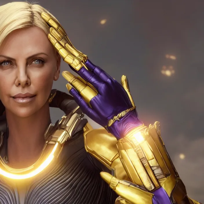 Image similar to portrait of ((Charlize Theron)), wearing The Infinity GAUNTLET. thanos, infinity gauntlet. intricate artwork. octane render, trending on artstation, very coherent symmetrical artwork. avengers. thanos. cinematic, hyper realism, high detail, octane render, 8k, iridescent accents