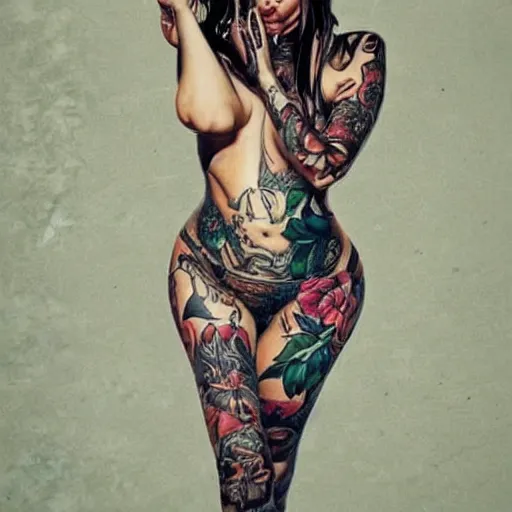 Prompt: curved tattooed women, full body, artistic, free