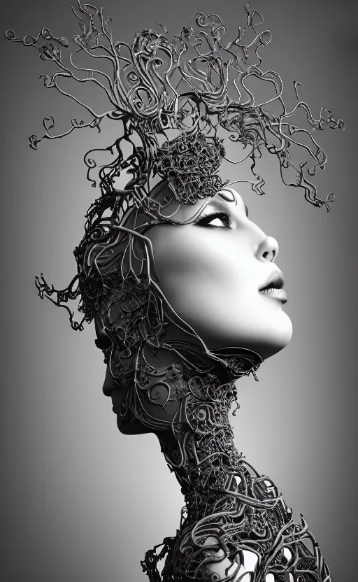 Image similar to black and white complex 3d render of 1 beautiful profile woman porcelain face, vegetal dragon cyborg, 150 mm, sinuous silver metallic ghost orchid flower stems, roots, leaves, fine lace, maze-like, mandelbot fractal, anatomical, facial muscles, cable wires, microchip, elegant, highly detailed, black metalic armour with silver details, rim light, octane render, H.R. Giger style, David Uzochukwu