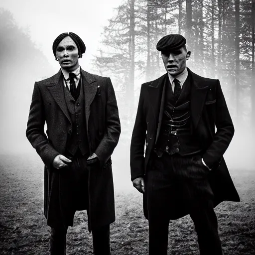 Prompt: medium long shot, 3 / 4 shot, full body picture of cillian murphy and tom hardy posing, sharp eyes, serious expressions, detailed and symmetric faces, in the style of peaky blinders, detailed, black and white, misty woods, epic photo by talented photographer ansel adams