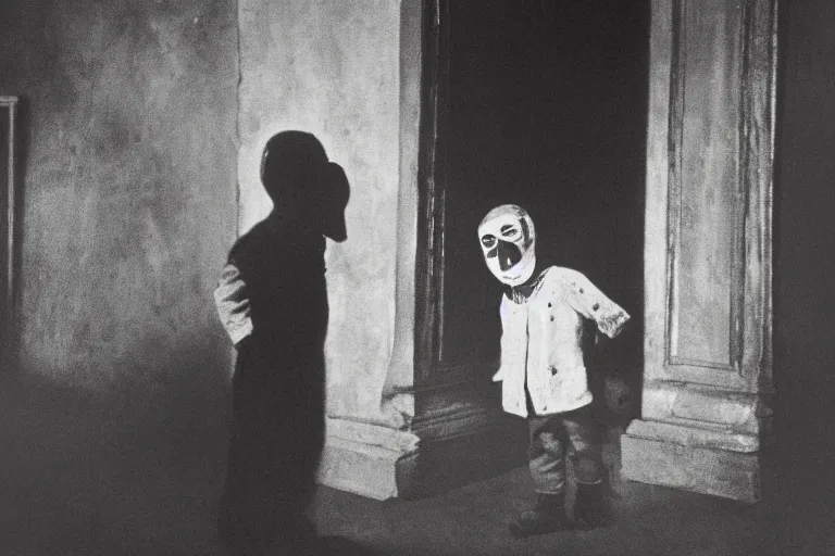 Prompt: photogravure, kid with a mask in front of a mansion, evocative, atmospheric lighting, painted, intricate, highly detailed, sharp focus, cinematic, masterpiece, german expressionism, cubic set, taken by robert wiene and fritz lang