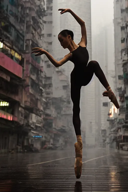 Prompt: a dynamic photograph of a ballet dancer in a wet, dystopic Hong Kong bladerunner street. Realism.