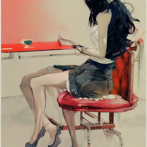 Prompt: painting by wlop, conrad roset, coby whitmore, and chie yoshii. of a pretty cute japanese beauty sitting on antique chair leaning against a desk, sideview, victorian room