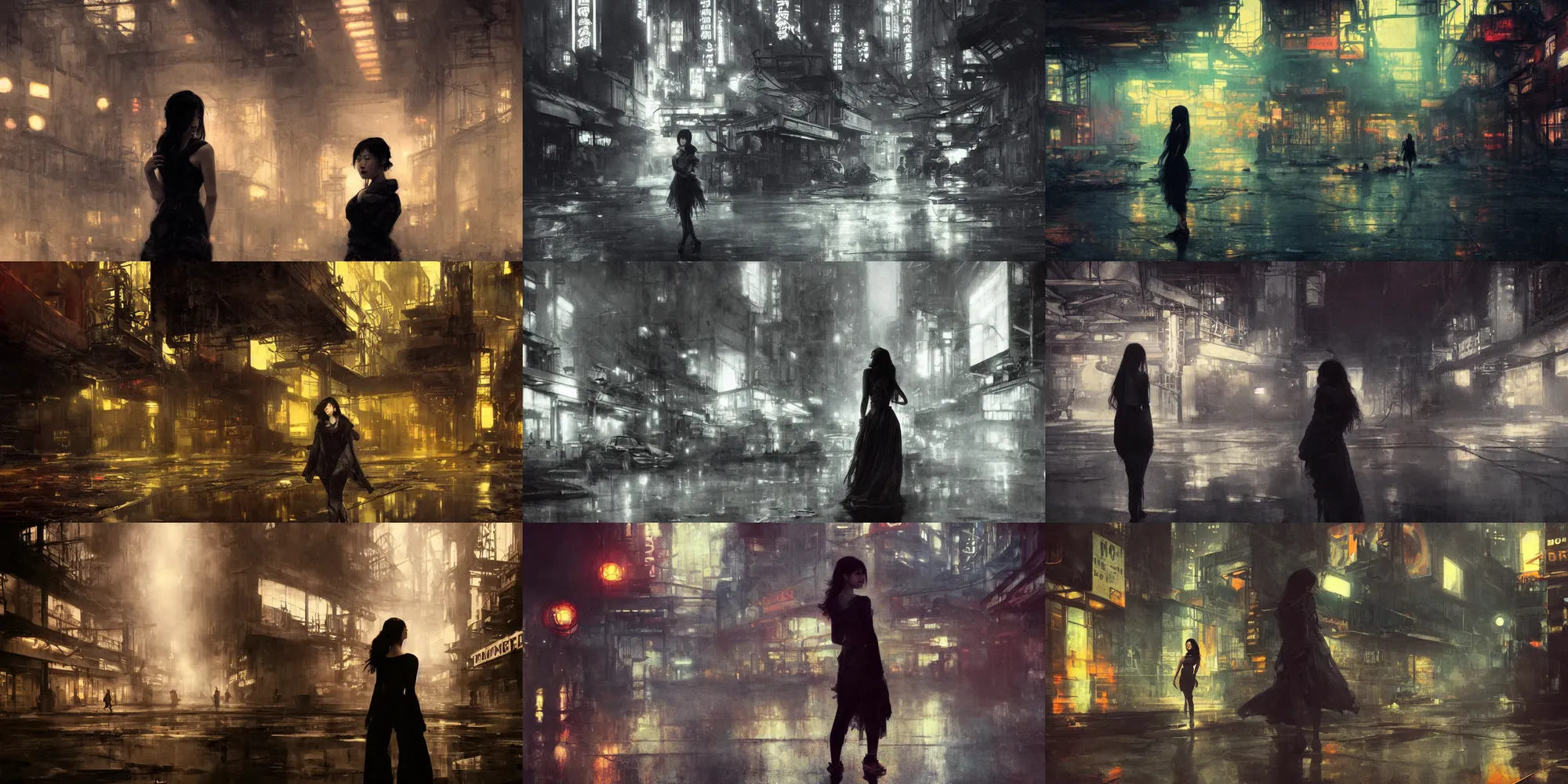 Prompt: a beautiful young asian woman in abandoned industrial neon city at night, dark moody lighting, by jeremy mann and alphonse mucha, dramatic lighting, ethereal, stunning, breathtaking, awe - inspiring award - winning, 8 k