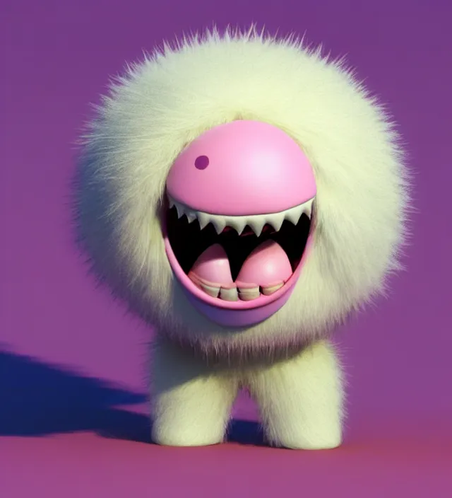 Image similar to high quality 3 d render hyperrealistic very cute big pink little spherical creature with big happy mouth an tooth, plush mascot, short spiky dense fluffy smooth hair, isometric 3 d, pink fluffy fur, 1 5 0 mm, beautiful natural soft light, rim light, smooth background, artstation, ultra detailed, elegant, ultra detailed, metallic armor, octane render