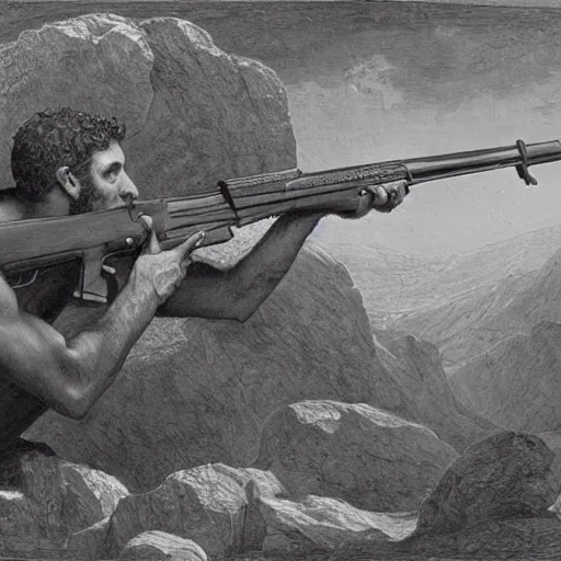 Image similar to Adam shooting the sname with an AK-47, biblical painting by Gustave Doré, black and white palette, detailed