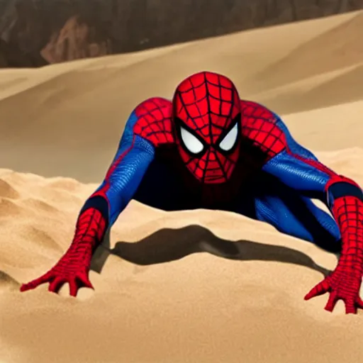 Image similar to cinematic scene of Spiderman slowly becoming sand , shocking