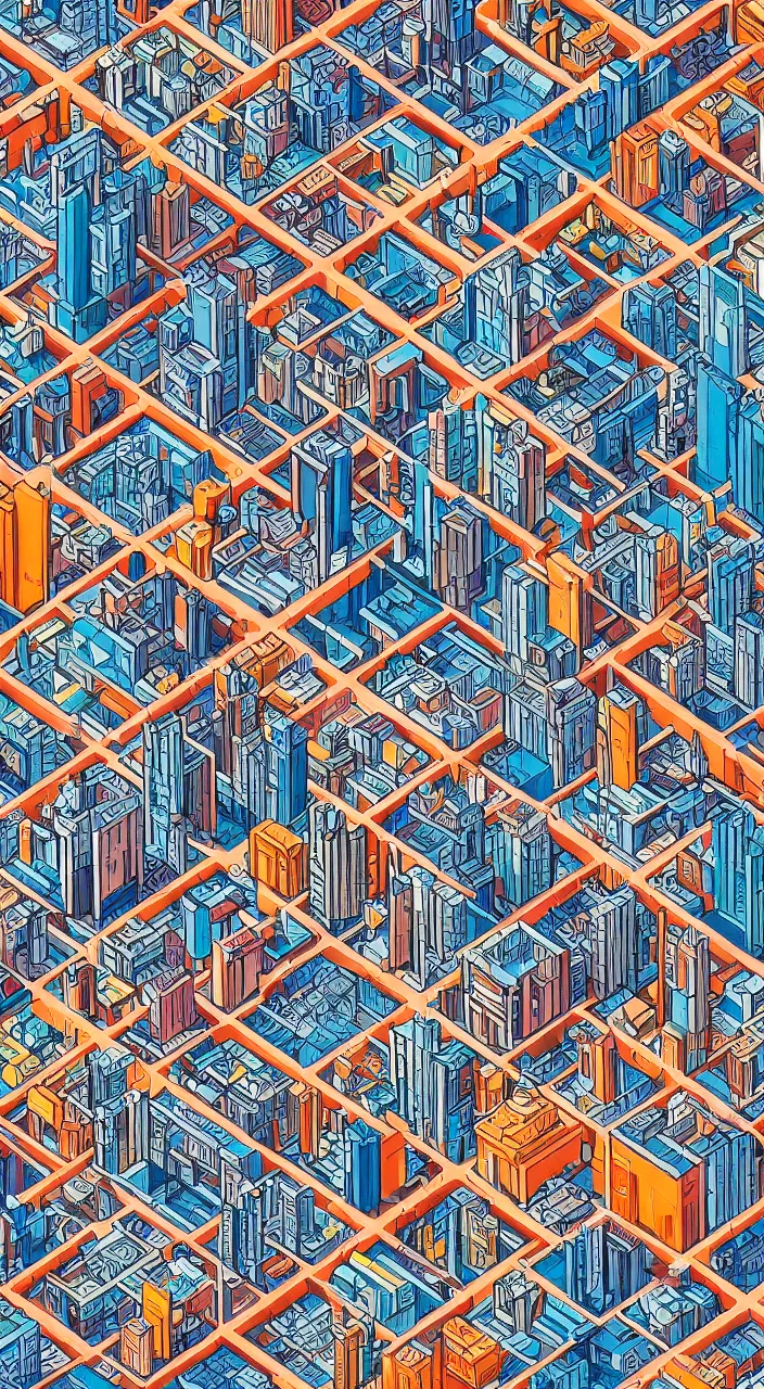 Prompt: isometric drawing of a fictional dense city, in style of rem koolhaas, peter eisenman, warm color palette, very detailed, very elaborate