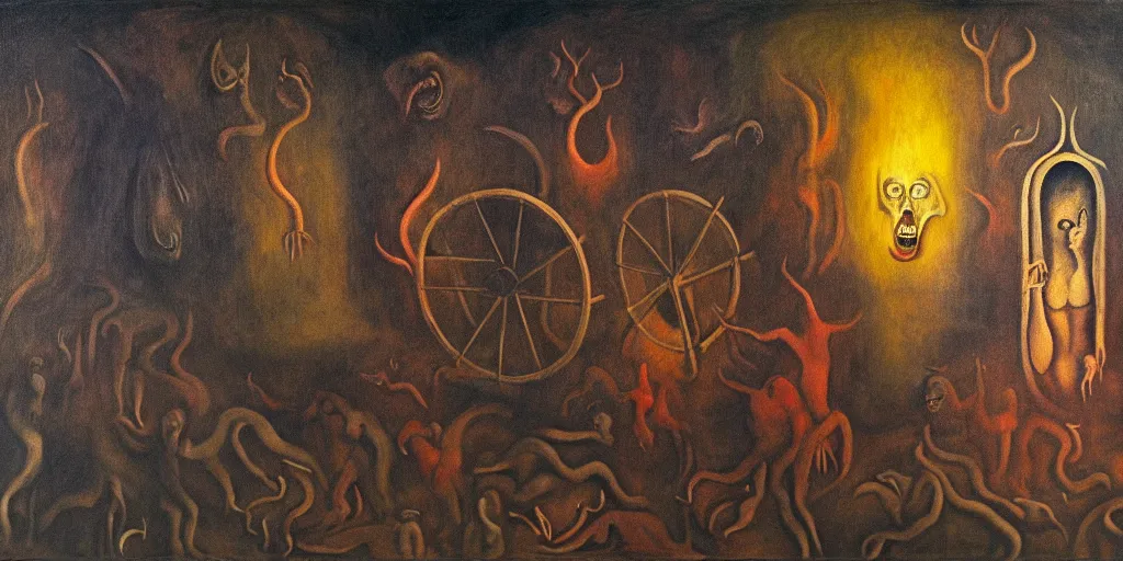 Image similar to trapped on a hedonic treadmill, dark uncanny surreal painting by leonora carrington, dramatic lighting from fire glow, mouth of hell, ixions wheel