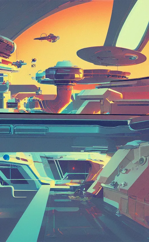 Image similar to spaceship in a gas station in space, sharp focus, james gilleard, moebius, sci - fi, print, risograph, cinematic, game art