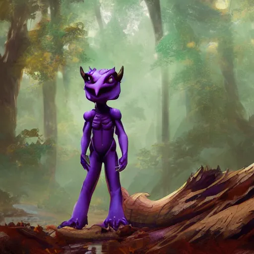 Image similar to concept art painting of an anthropomorphic purple humanoid bipedal dragon, in the deep forest, realistic, detailed, cel shaded, in the style of makoto shinkai and greg rutkowski and james gurney