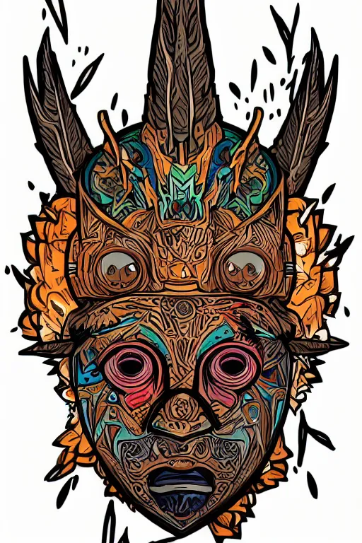 Image similar to animal mask totem roots flower tribal feather gemstone plant wood rock shaman vodoo video game vector cutout illustration vivid multicolor borderlands comics by josan gonzales and dan mumford radiating a glowing aura