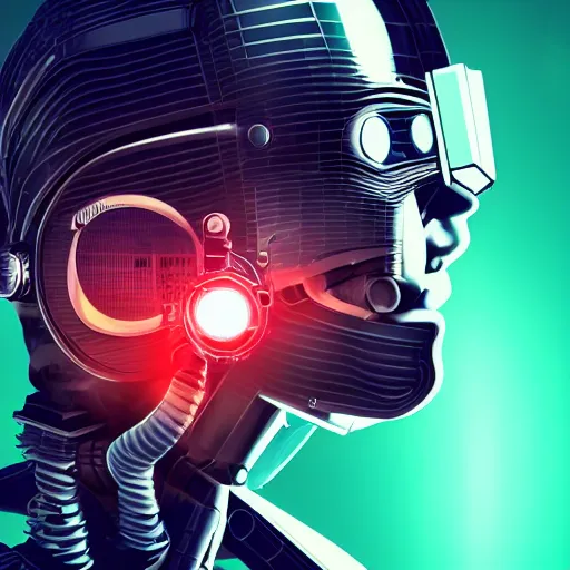 Image similar to retro vintage sci - fi, hollywood, cyborg robot wearing vr headset, 3 d illutration, profile portrait, night, detailed, cyberpunk style,