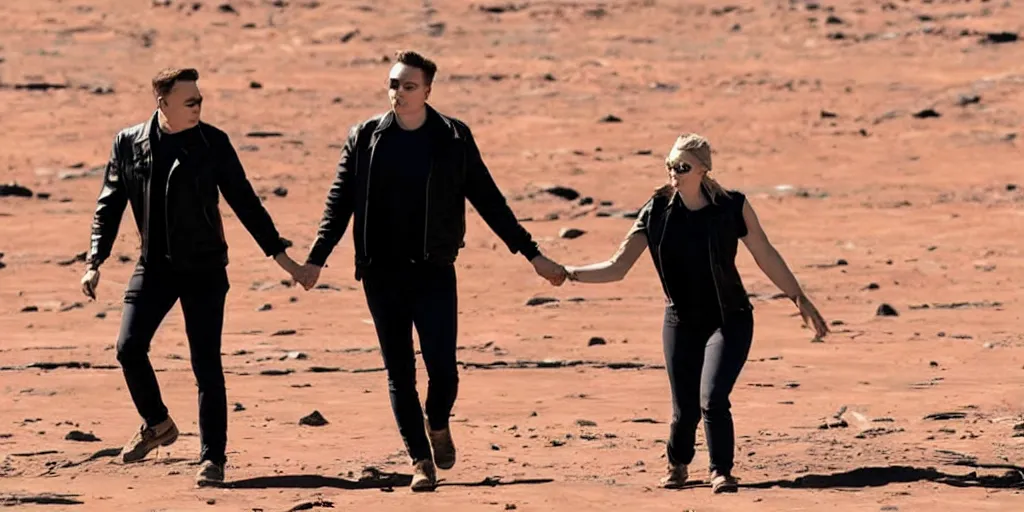 Image similar to elon musk and margot robbie holding hands on mars, highly detailed, hyper realistic