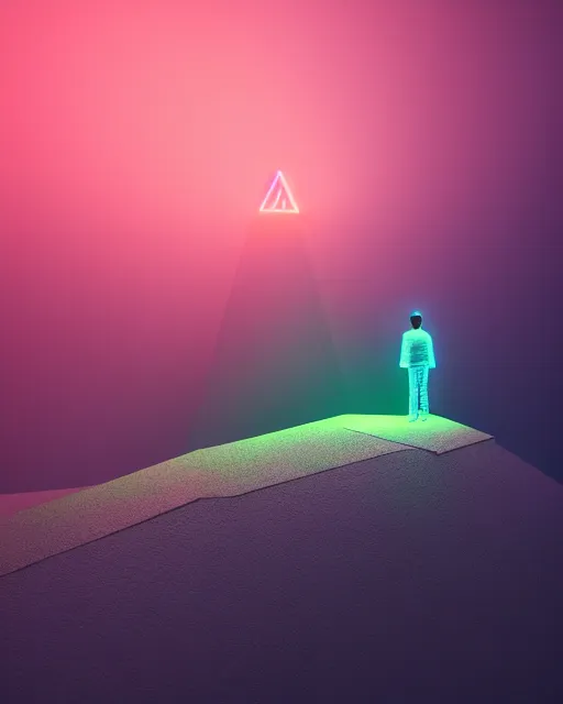 Image similar to a man standing in the middle of a mountain with a glowy neon triangle, a render by filip hodas, behance contest winner, environmental art, rendered in cinema 4 d, volumetric lighting