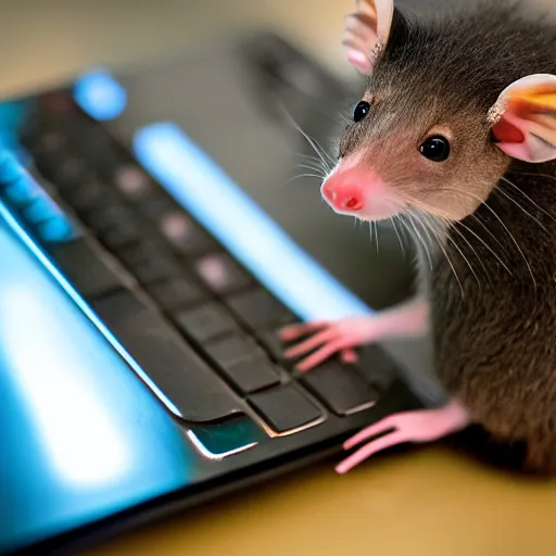 Prompt: a photograph of a possum using a computer