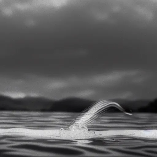 Image similar to a real life gyarados swimming in a lake, proof photograph, black and white, blurry, old camera, grainy, motion blur, unfocused