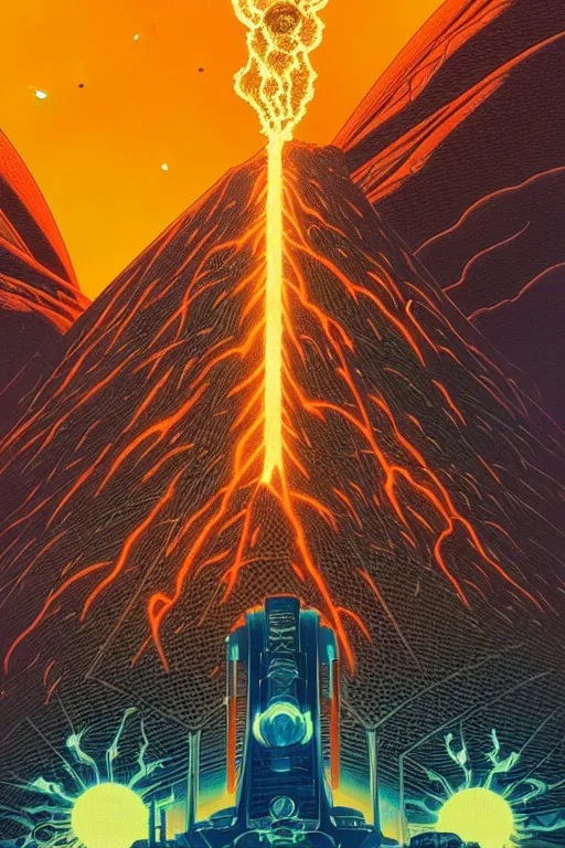 Image similar to artwork by kilian eng and toshi yoshida and franklin booth showing a futuristic powerstation!! in front of a ( ( exploding volcano ) ), vintage scifi, high details, dramatic lightning,, 8 k