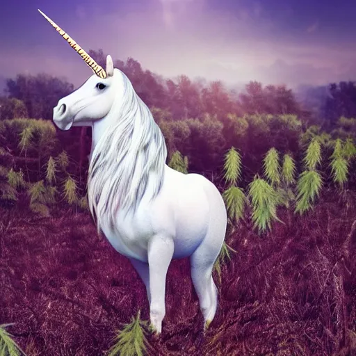 Prompt: a unicorn with wings standing in a field of marijuana eating, wildlife photography, 8 k, highly detailed, ultra realistic