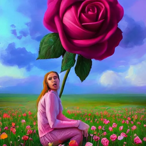 Image similar to giant rose flower as a head, full body girl sitting in a flower field, surreal photography, sunrise, dramatic light, impressionist painting, colorful clouds, digital painting, artstation, simon stalenhag