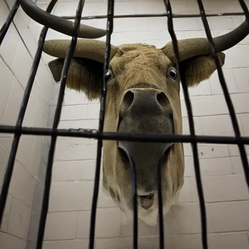 Prompt: inmate that has a bull head, in jail