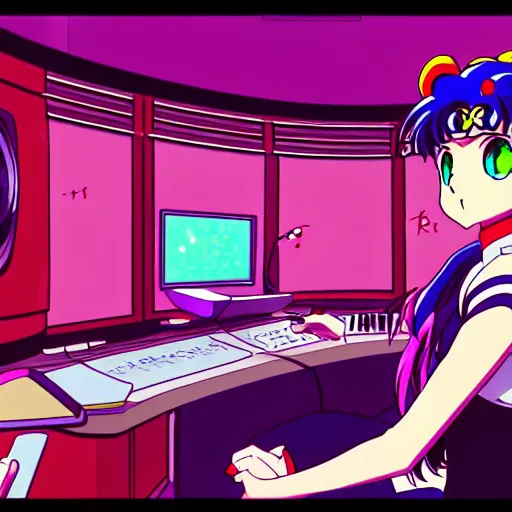 Image similar to An anime character working in their music studio. 90s anime, Sailor Moon, Neon Genesis, official art, flat cell shading, fantastic screenshot art, trending on artstation