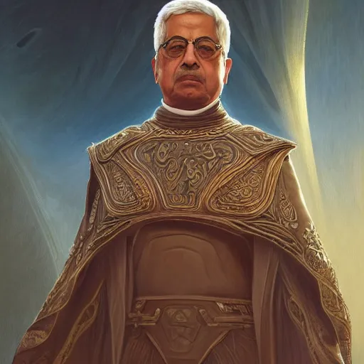 Image similar to mahmoud abbas as dune character, portrait, intricate, elegant, highly detailed, digital painting, artstation, concept art, wallpaper, smooth, sharp focus, illustration, art by h. r. giger and artgerm and greg rutkowski and alphonse mucha