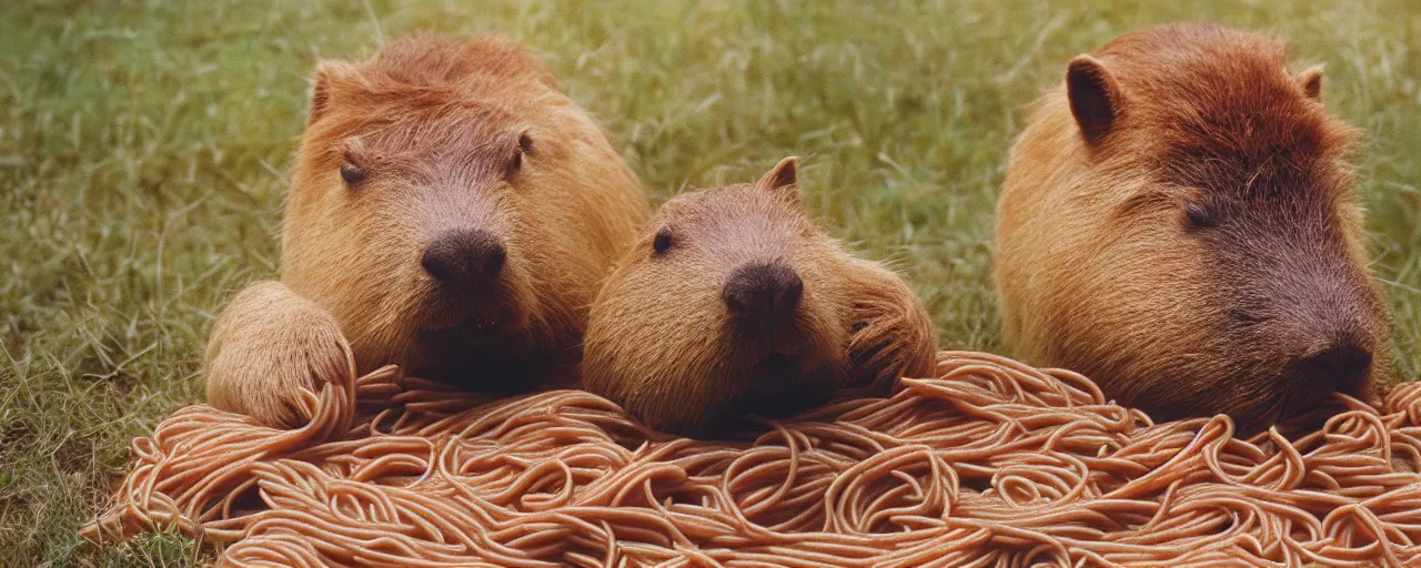 Image similar to one single capybara eating spaghetti from a bush, in the style of national geographic, canon 5 0 mm, film, kodachrome, retro, muted