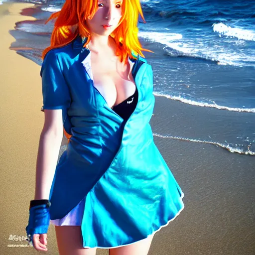 Image similar to headshot of a cute girl cosplaying as Nami from One Piece standing on a beach, cosplay, photo by Mert and Marcus