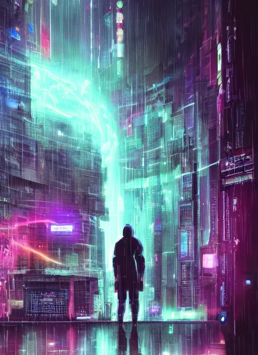 Prompt: lonely cyber person made of cosmic nebula galaxy energy watching a rainy stormy colorful complex cyberpunk futuristic city from behind at night through a window in a room full of wires and screens, 8 k, hyper photorealistic, wet, highly detailed, cinematic mood by ridley scott, ghost in the shell, rendered in octane, trending on artstation, glowing lights, gloomy, epic composition