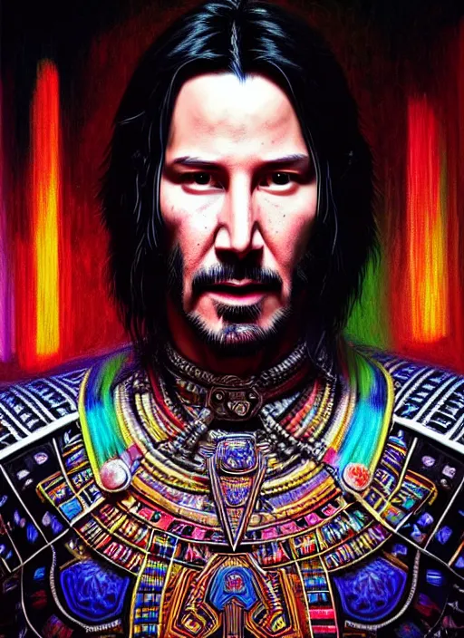 Image similar to portrait of keanu reeves, hyper detailed ultra sharp aztec shaman warrior. trending on artstation, warpaint aesthetic, bloodwave, colorful, psychedelic, ornate, intricate, digital painting, concept art, smooth, sharp focus, illustration, art by artgerm and greg rutkowski and h. r. giger, 8 k