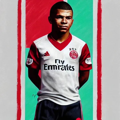 Image similar to portrait of mbappe wearing a ajax jersey, artwork by charlie bowater