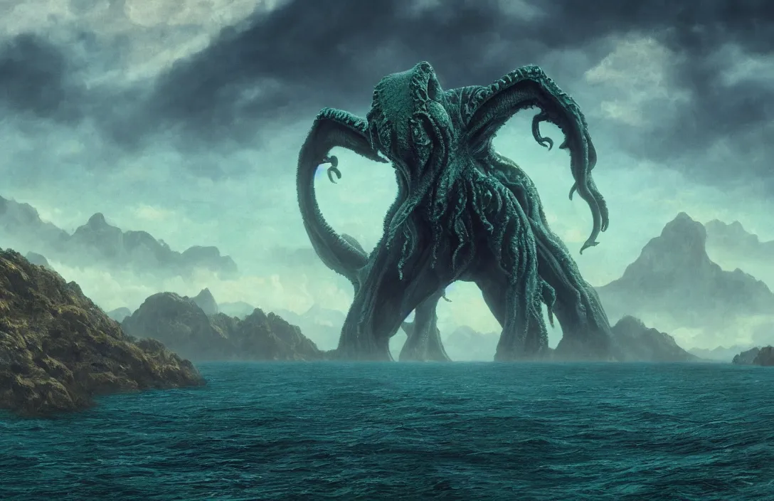 Image similar to huge gigantic cthulhu over a dark blue turquoise ocean, ultrawide shot, hyperreal phantastic misty landscape, in the style of dylan cole, mountains in background, intricate details in environment, luminance, golden ratio, high aestehtic, cinematic light, godrays, distance, clear atmosphere, photobash, wideangle, albert bierstadt, hyperreal 4 k