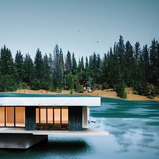 Image similar to wes anderson style modern futuristic house near the lake and forest, cinematic, realism, photo, detailed