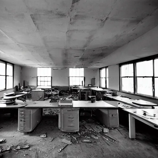 Image similar to wide angle shot of an abandoned computer lab from the 1 9 5 0 s