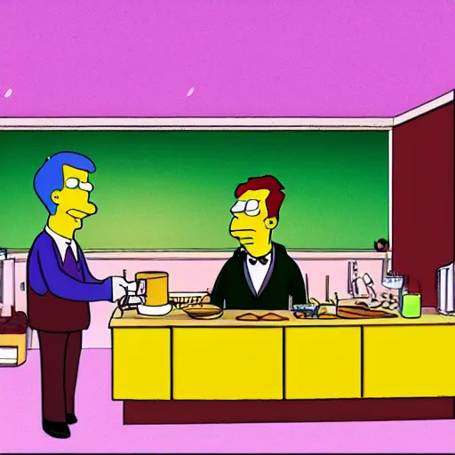 Image similar to scene depicting seymour skinner serving up steamed hams while the aurora borealis reflects in the other room, cartoon, realistic studio lighting, hand sketched colour,