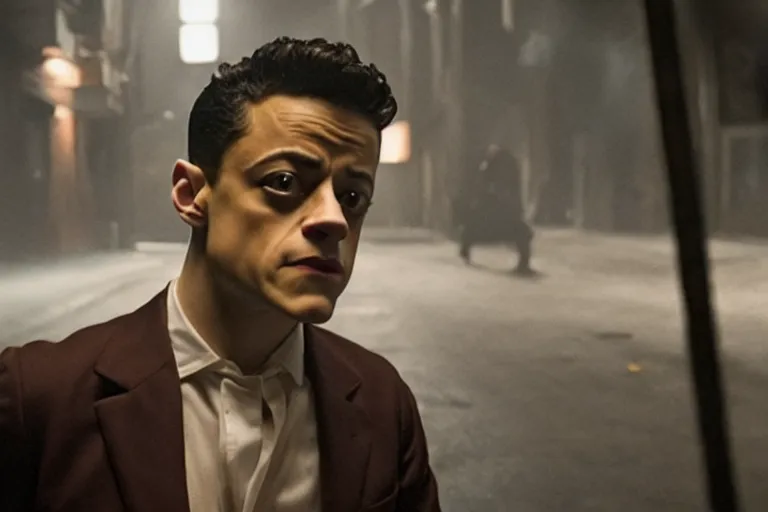 Image similar to film still of rami malek in cosmic horror! the musical by david cronenberg, budapest street background, 3 5 mm film, atmospheric, ultra fine detail, film grain, photorealistic